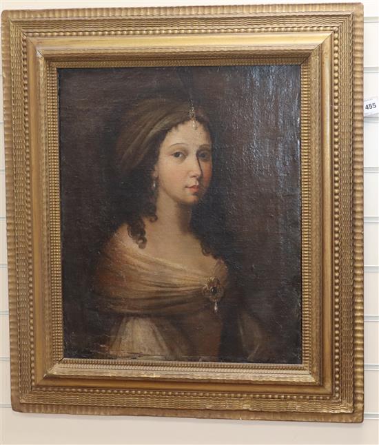 Circle of John Zoffany (1733-1810) Portrait of a lady wearing a bejewelled turban 24 x 20in.
